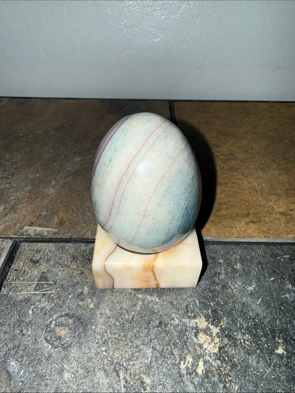 Vintage Polished Stone Egg Set Purple and Banded Blue with Display Stand